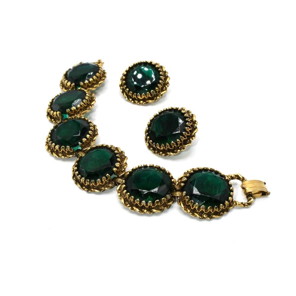 Vintage Green Rhinestone Bracelet Earrings Set Gold Tone Open Back